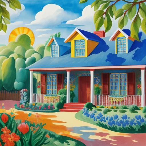 Colorful Naive Art House with Smiling Sun