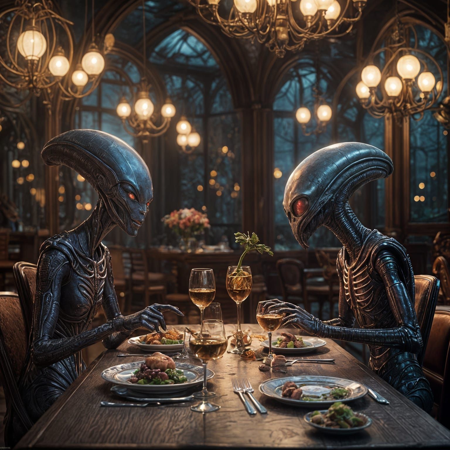 Aliens on a Date in a Fancy Restaurant