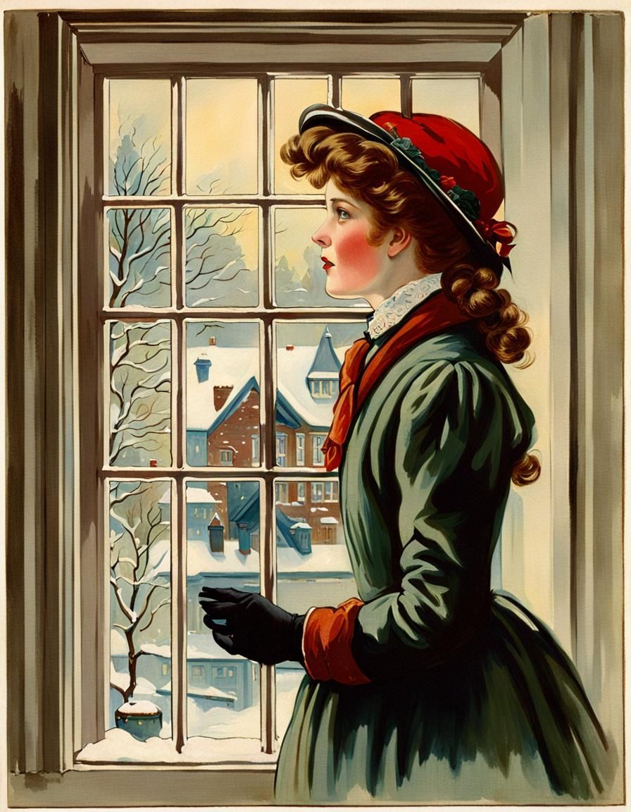 Edwardian Girl Gazing at Winter Scene