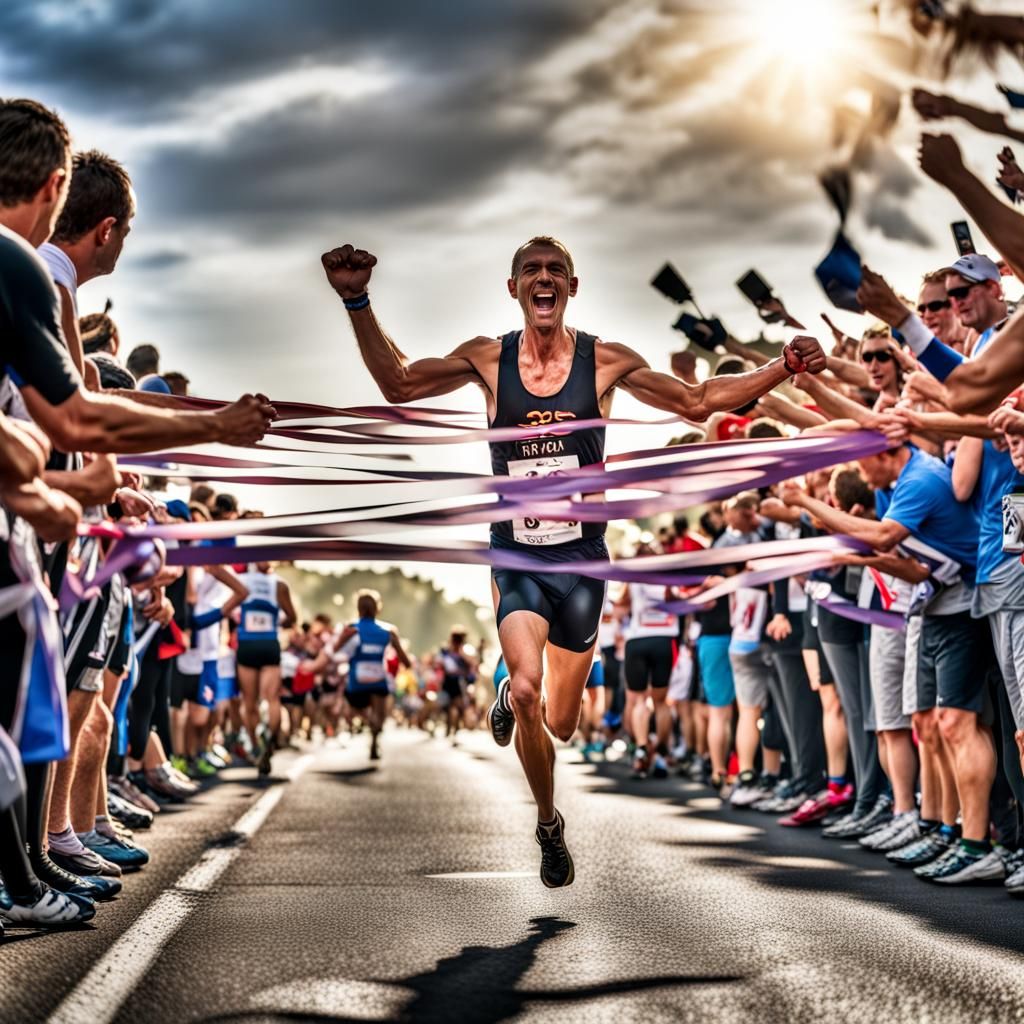 Marathon Runner's Triumphant Victory at Finish Line