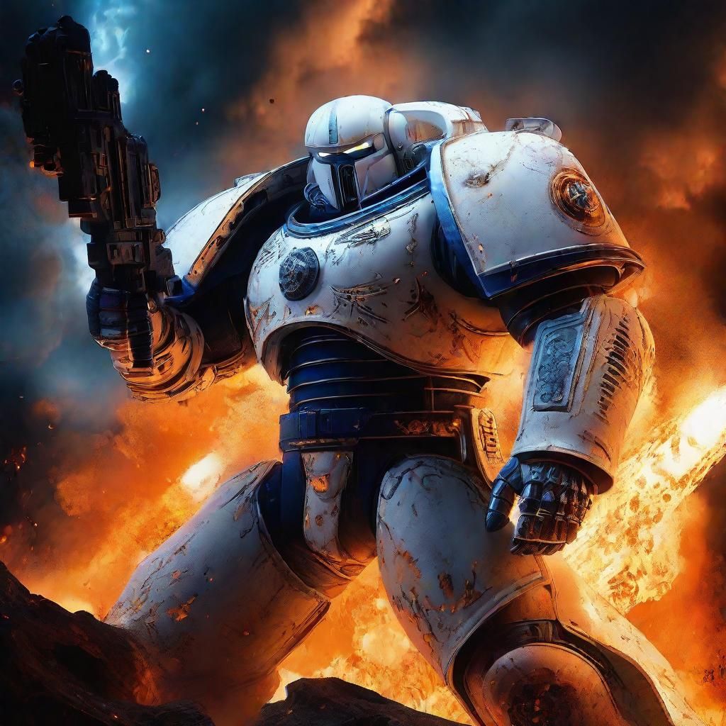 Space Marine Battles Demons in Gothic Sci-Fi Landscape