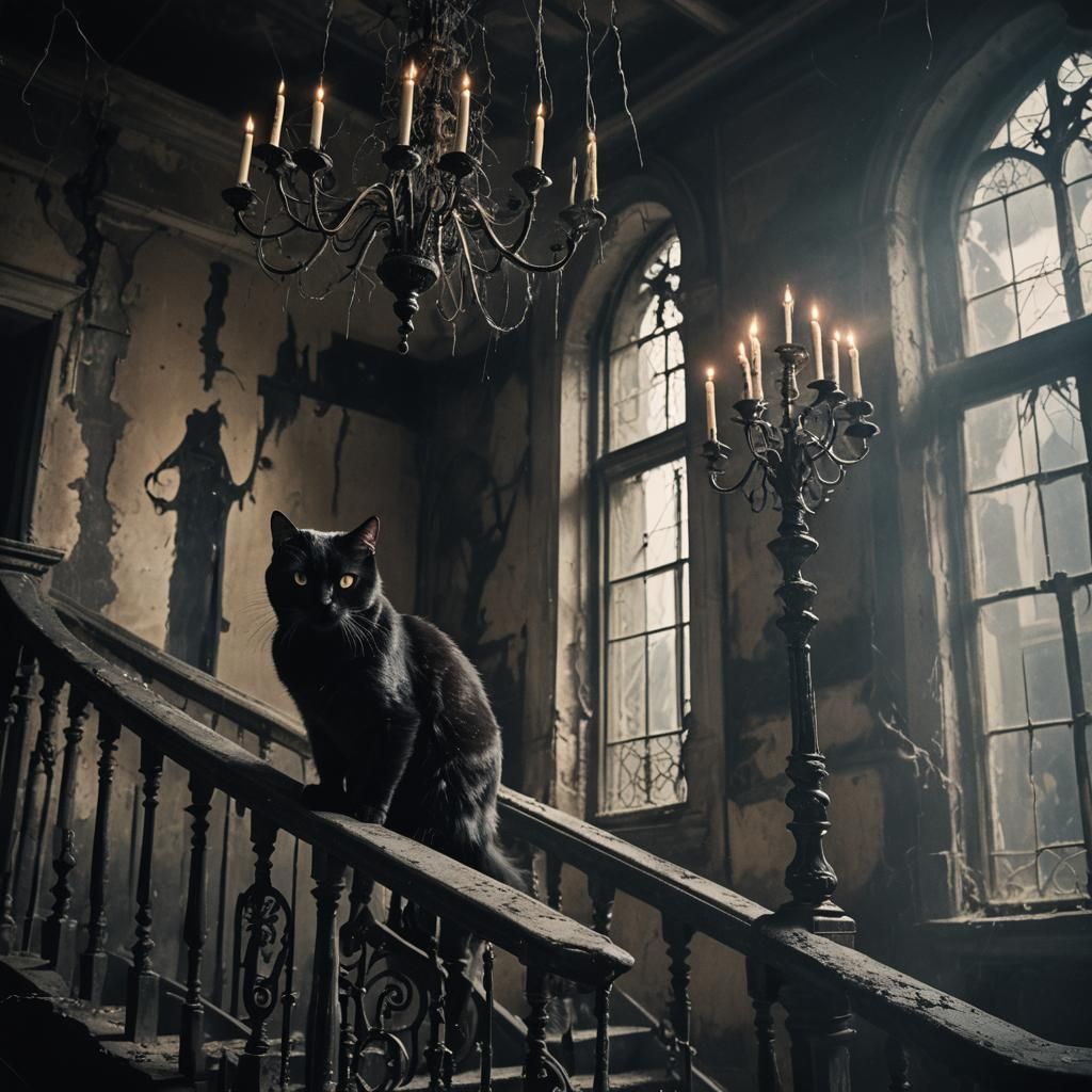 Black Cat in Gothic Mansion: Dark Academia Photography