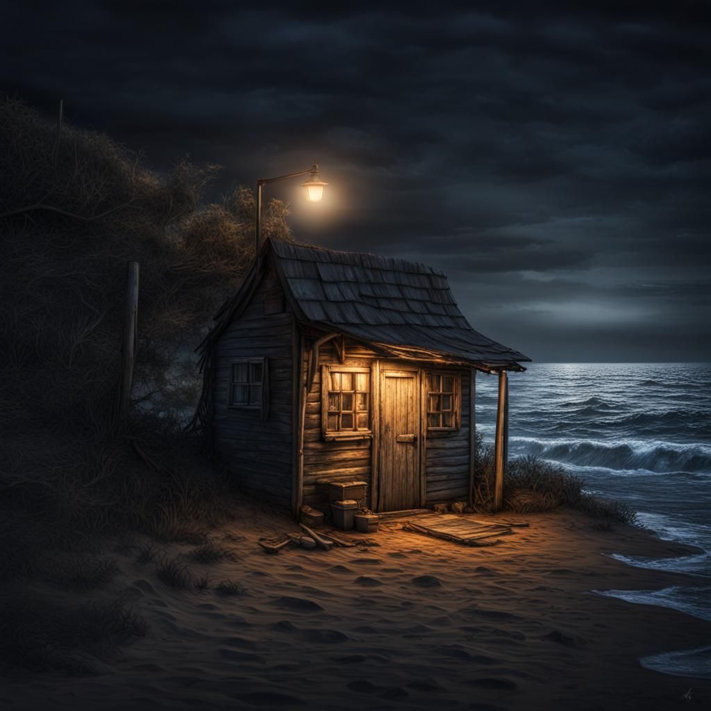 Night Shack by the Sea: Hyperrealistic Digital Painting