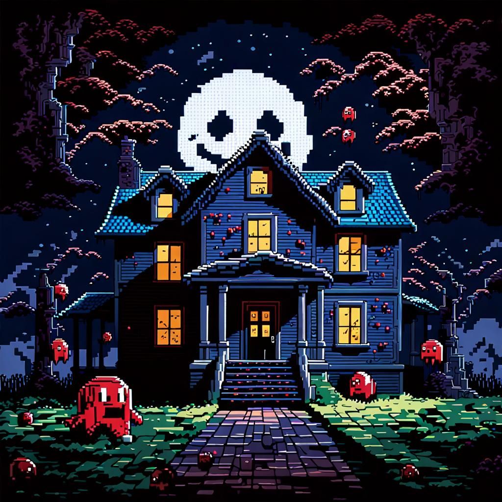 Pac-Man's Ghost Haunts a Realistic House in Pixel Art