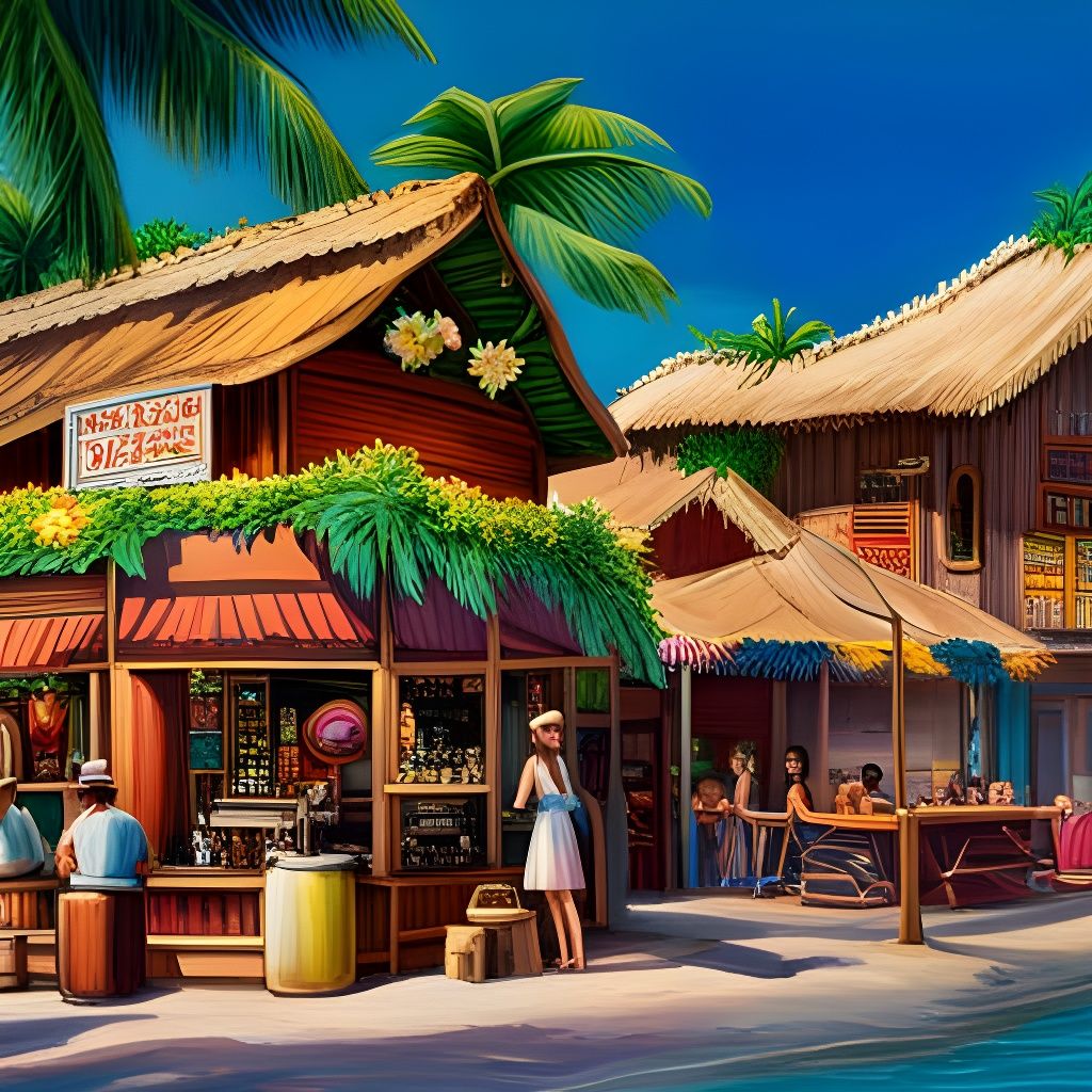 Tropical Tiki Bar Scene as Oil Painting