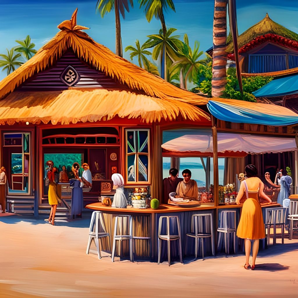 Tiki Bar Boardwalk: Realistic Oil Painting with Triadic Colo...