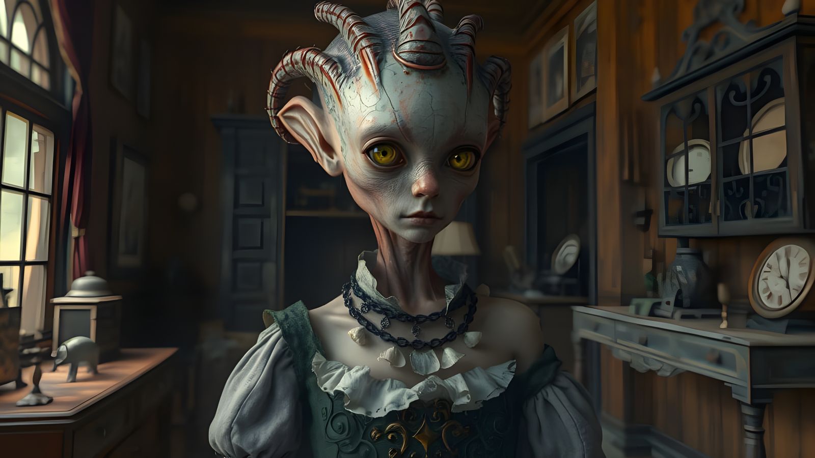 Mysterious Red Skinned Alien in a Haunted Mansion