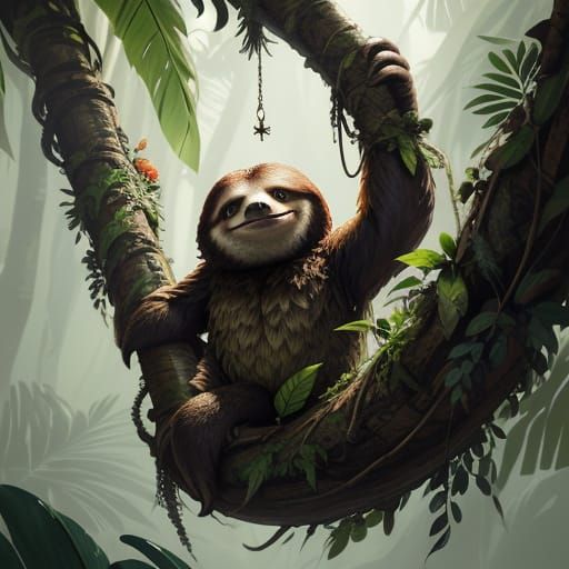 Sloth in Vibrant Jungle Concept Art Splash Painting
