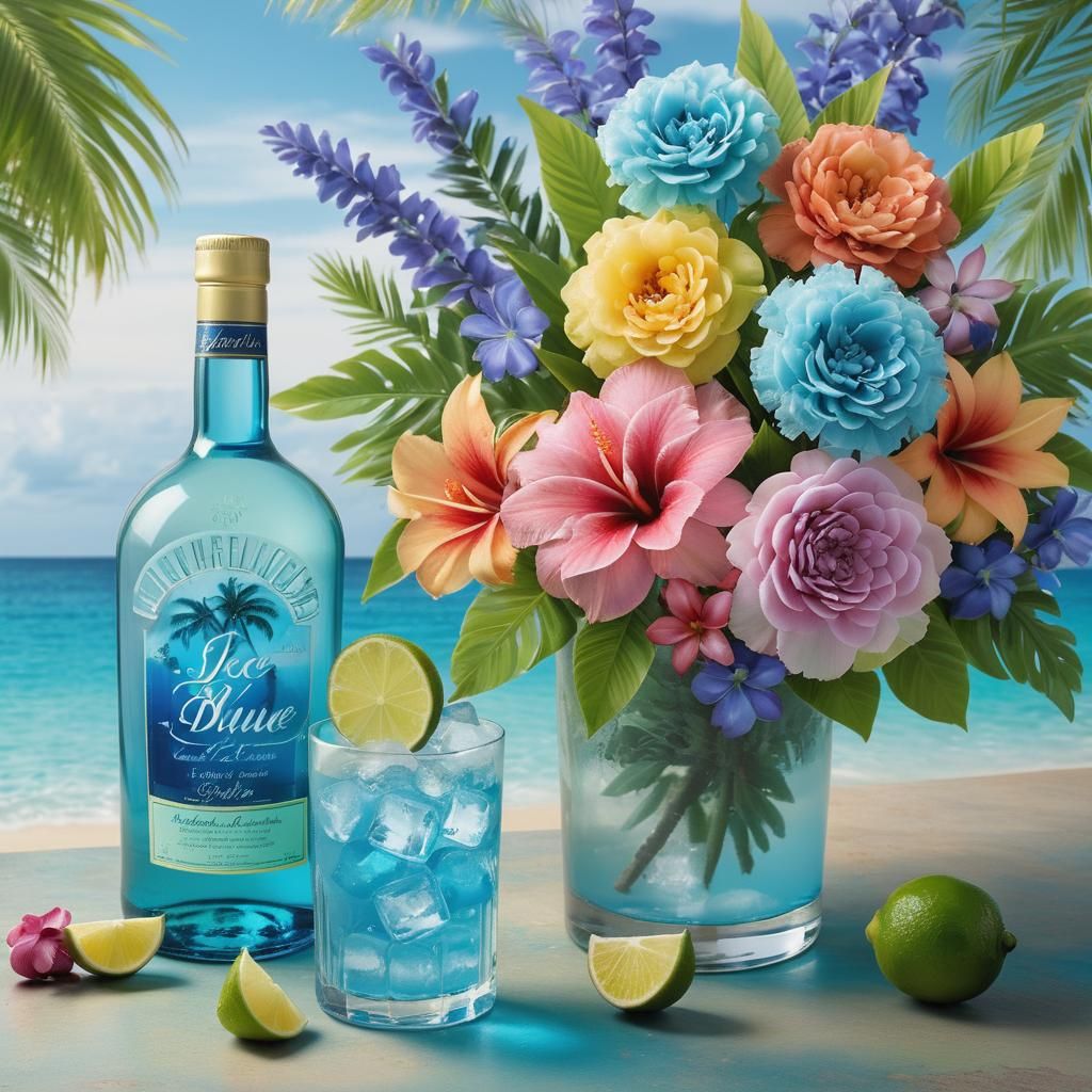 Tropical Still Life with Blue Alcohol and Flowers