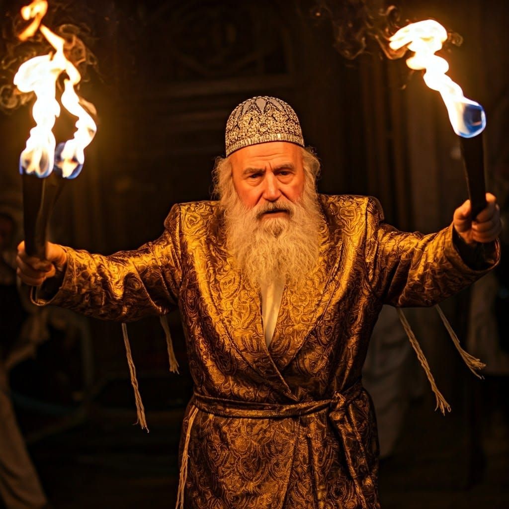 Hasidic Jew Dancing with Fire Torches, Expressive Art