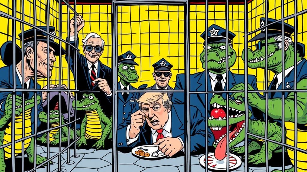 Absurd Comic Book Prison with Goofy Alligator Guards