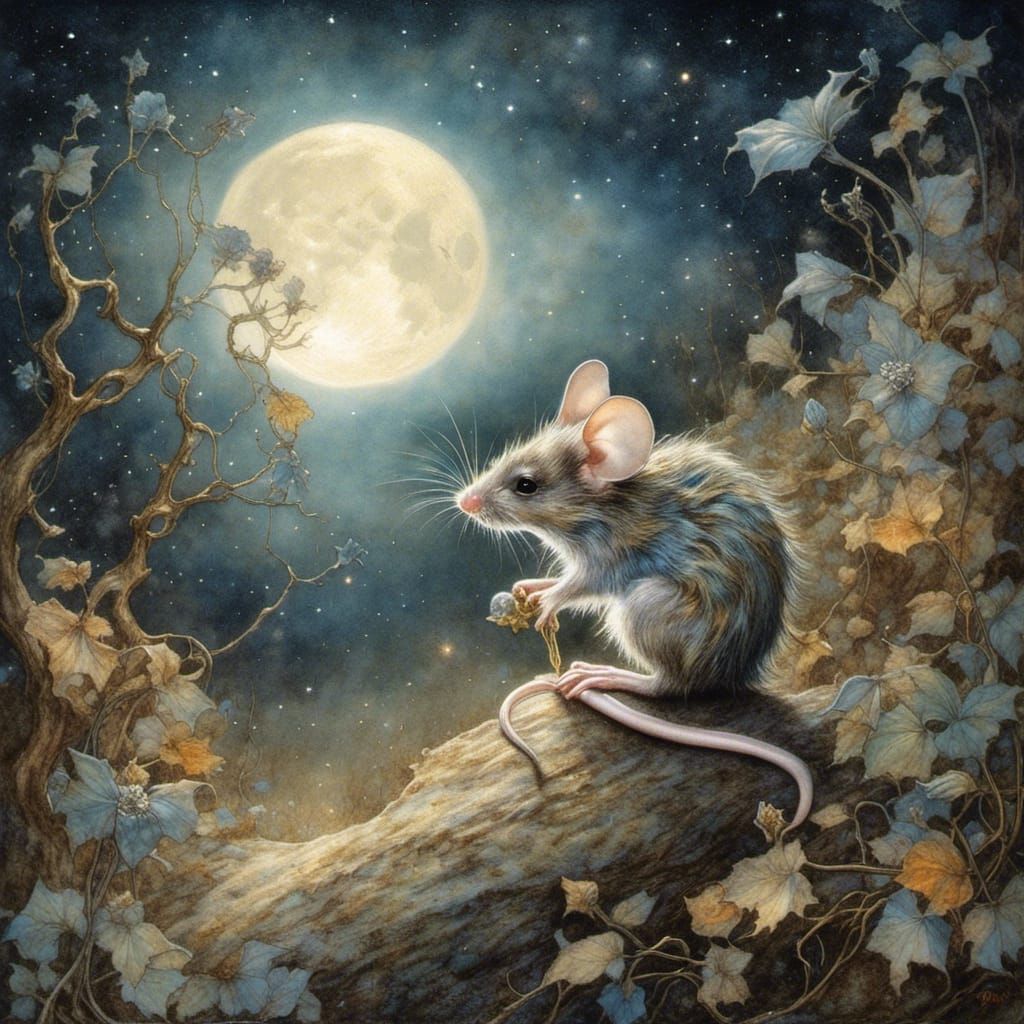 Mouse Howling at Moon in Starry Desert