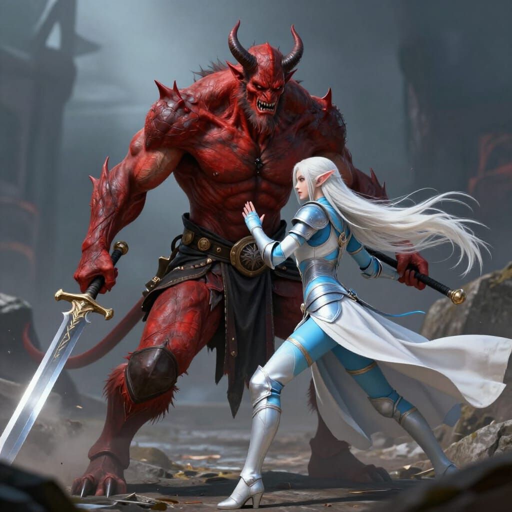 Demon Fights High Elf Warrior In Epic Realistic Scene