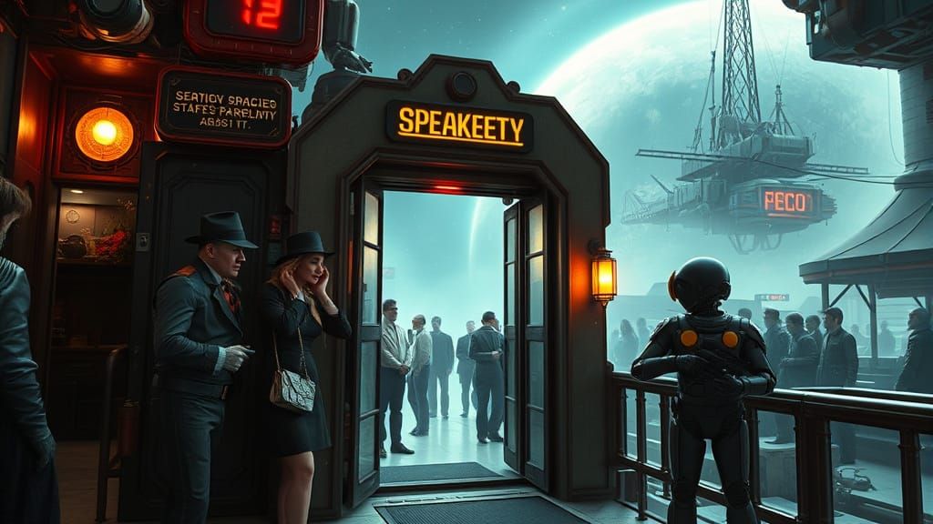 Secret Speakeasy Entrance in Futuristic Spaceport