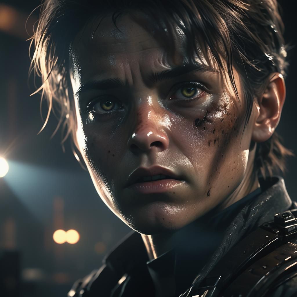 Disbelieving Person in Dimly Lit Dystopian Setting