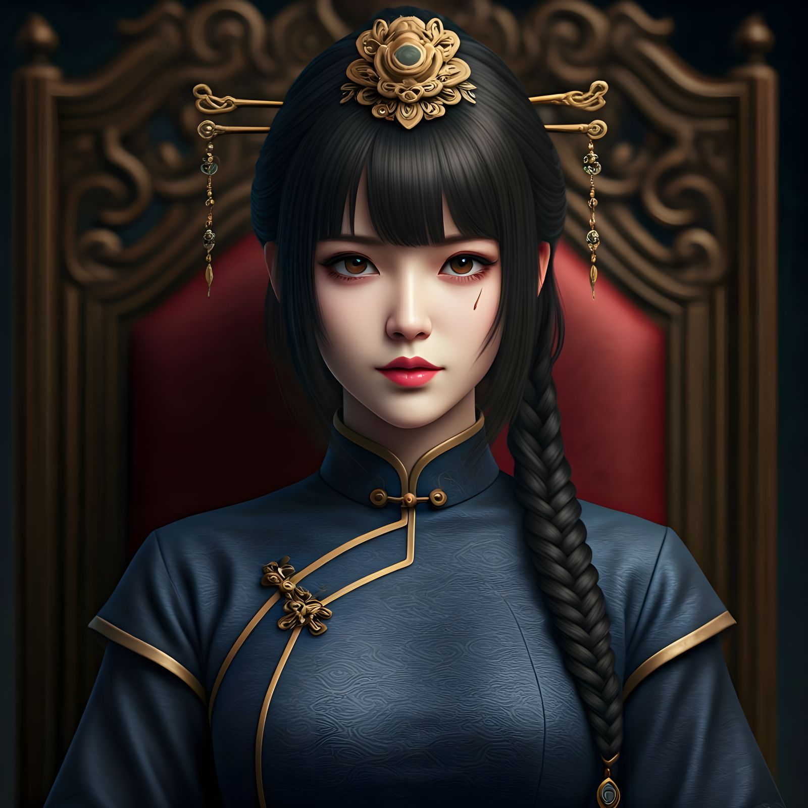Chinese Princess in Dark Blue Qipao with Geisha Goth Makeup