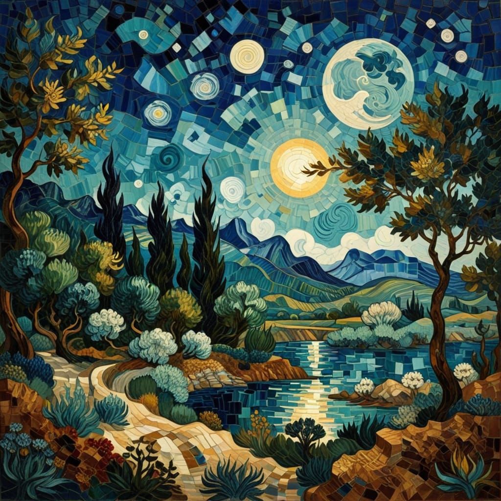 Whimsical Mosaic Landscape in Deep Blues and Turquoises