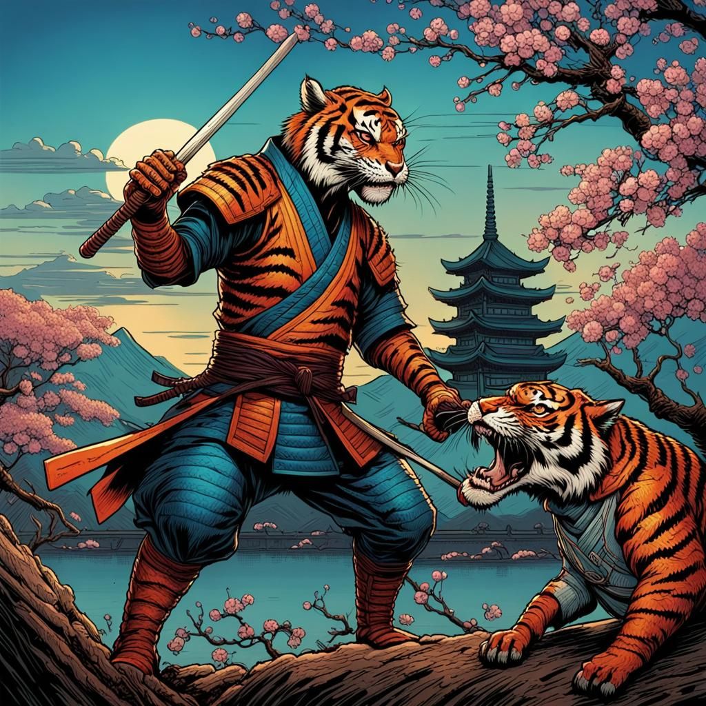 Tiger Samurai vs Lizard Ninja in Comic Book Art