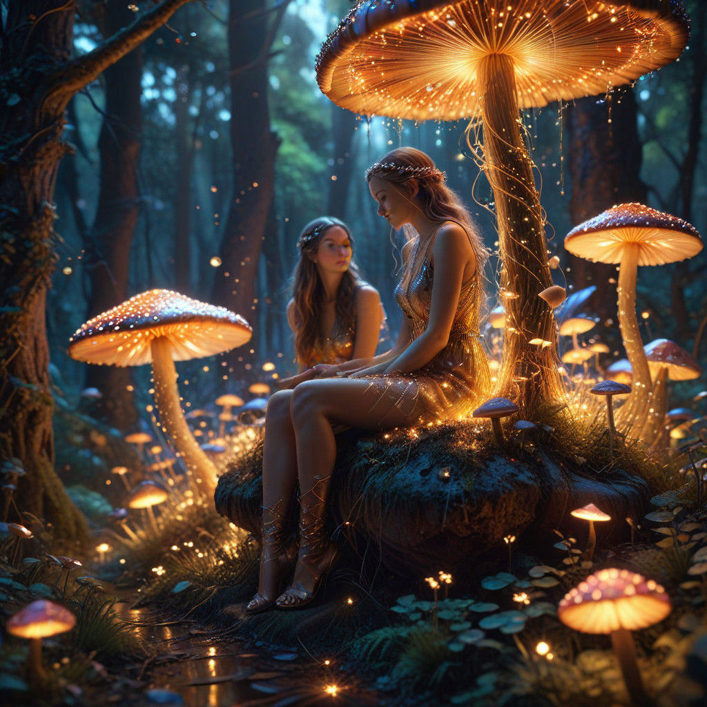 Futuristic Young Woman in Vibrant Mushroom Dreamscape