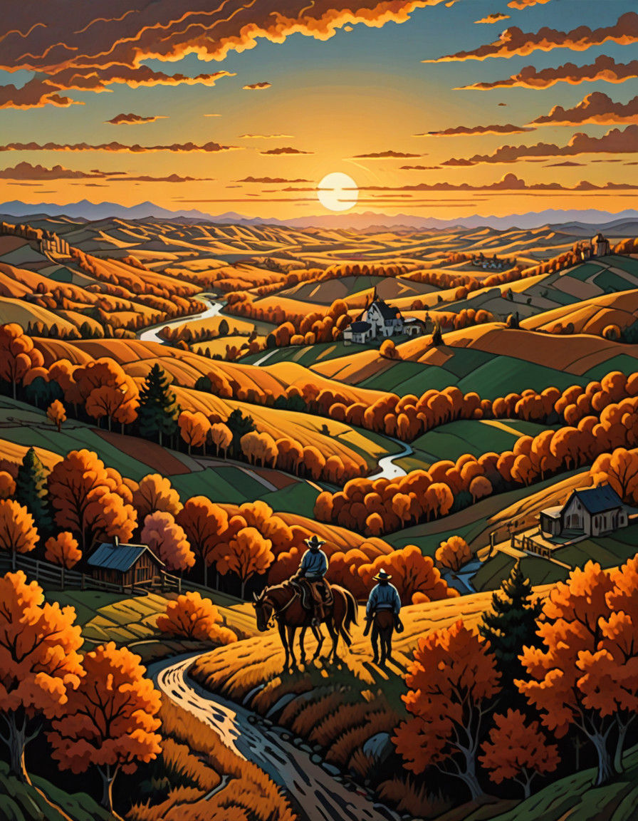 Escher-Inspired Autumn Sunset Cowboy Landscape