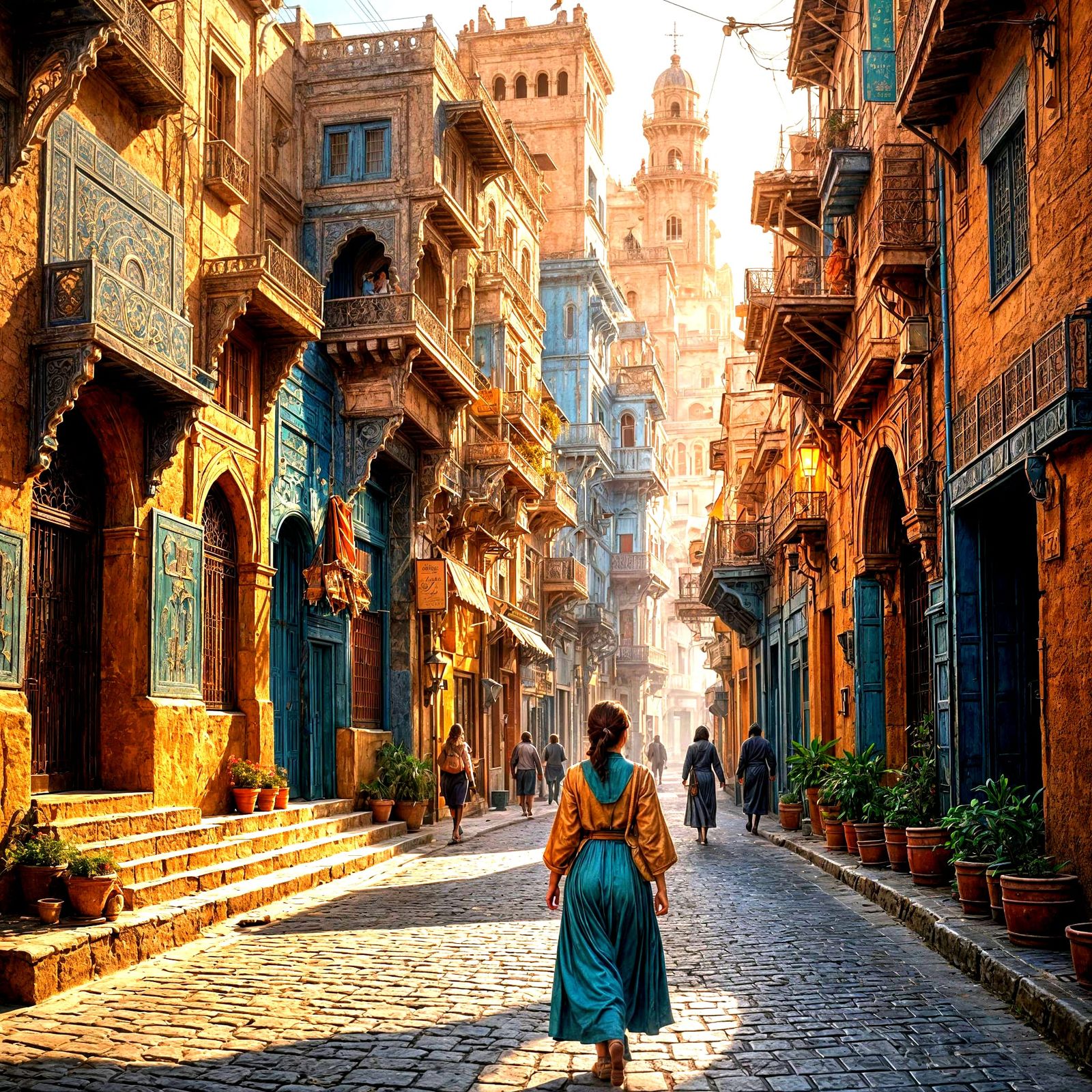Woman in Casablanca Street: Detailed Matte Painting