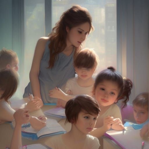 Teacher and Students Portrait in Hyperreal Style