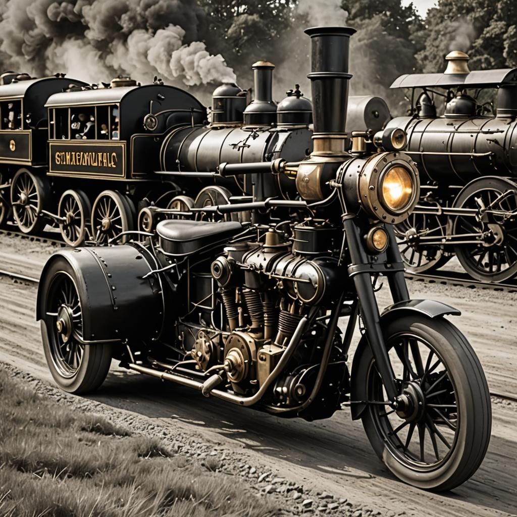 Steam Engine Train Races Antique Motorcycle