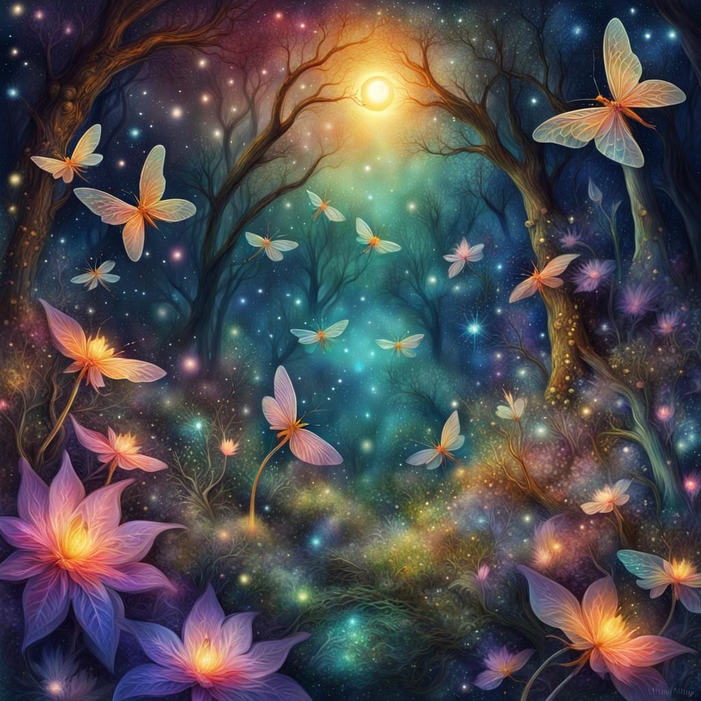 Magical Sprite in Enchanted Forest at Night