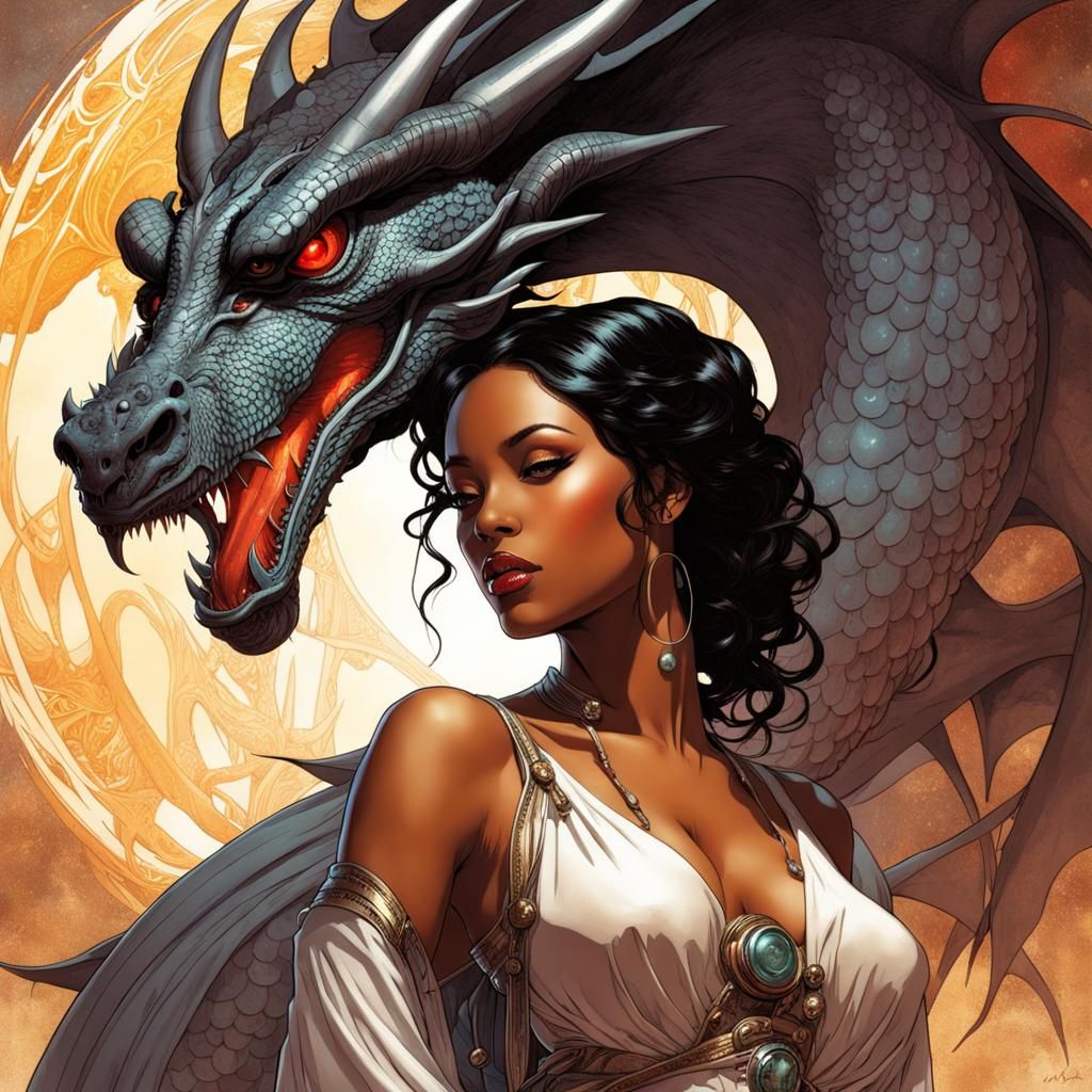 Pin-Up Girl and Dragon Art Nouveau Style