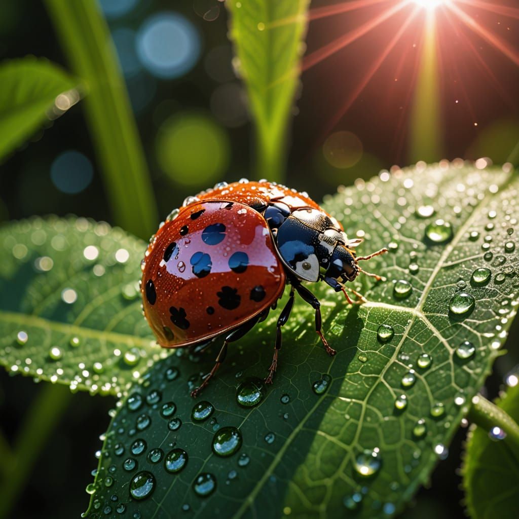 Dewdrop Lands on Ladybug in Vibrant Sunrise Glow