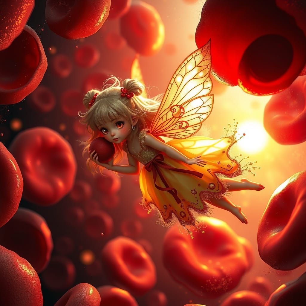 Vibrant Fairy Girl Flies Within Red Blood Cells