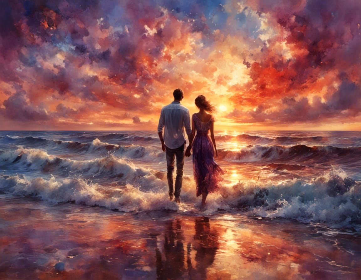 Romantic Sunset Beach Scene in Splash Art Style