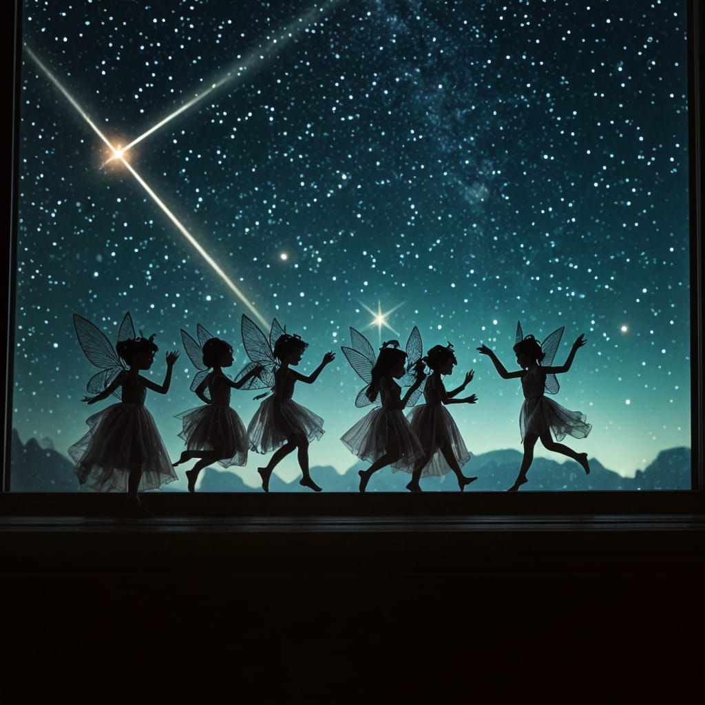 Fairies Dancing on a Window Sill Under Starry Sky