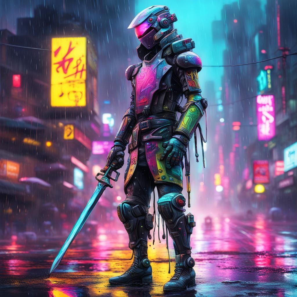 Cyberpunk Robot Swordsman in Neon Cityscape