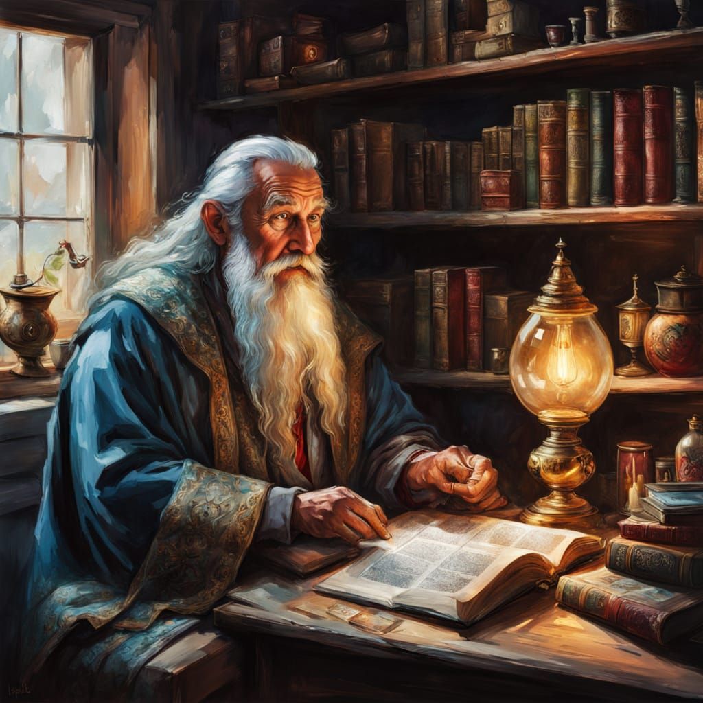 Wizard in Cluttered Study, Digital Watercolor Painting