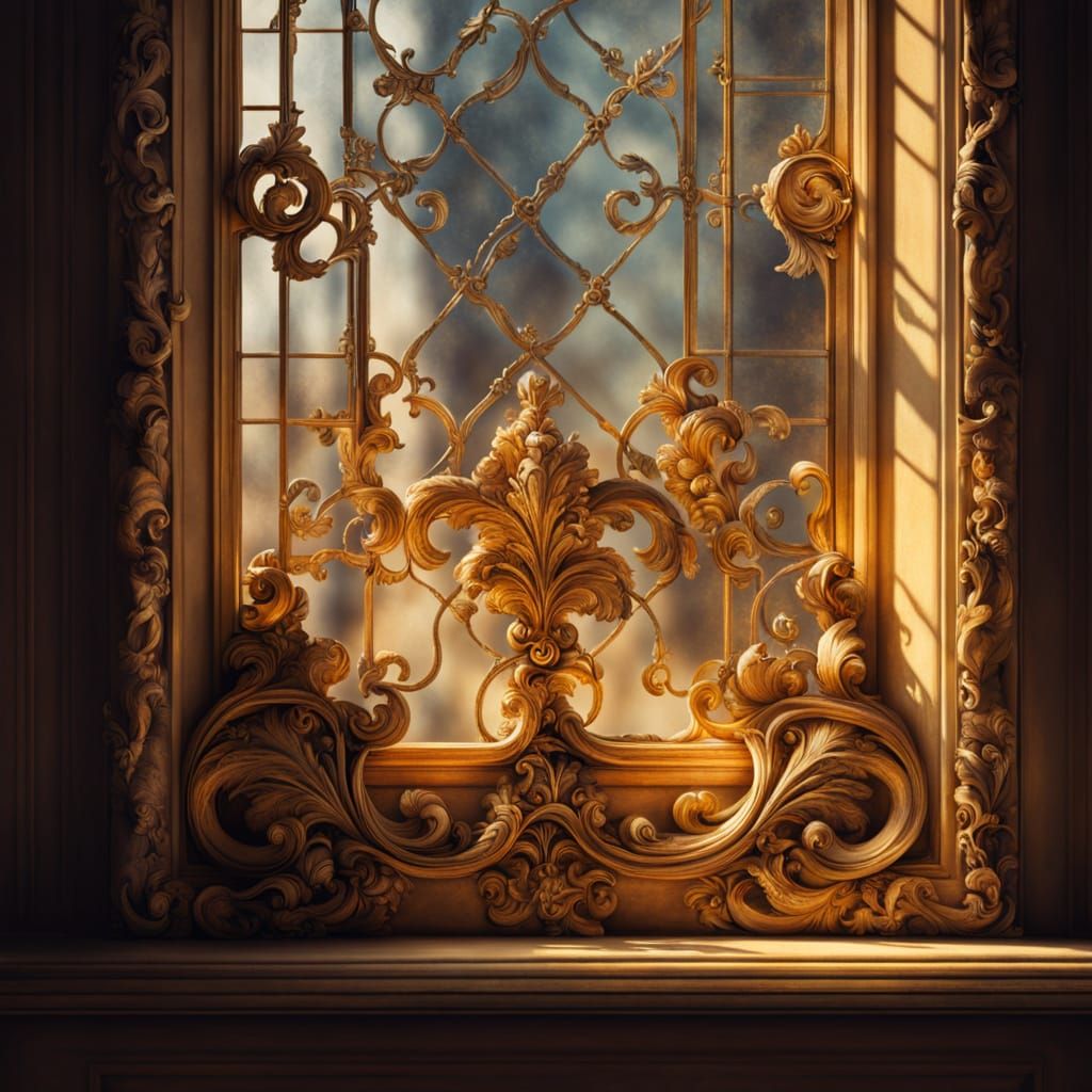 Baroque Window Close-Up: Ornate Golden Macro Photography