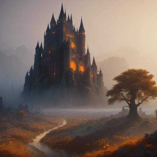 Mystical Pumpkin Stack in Foggy Forest