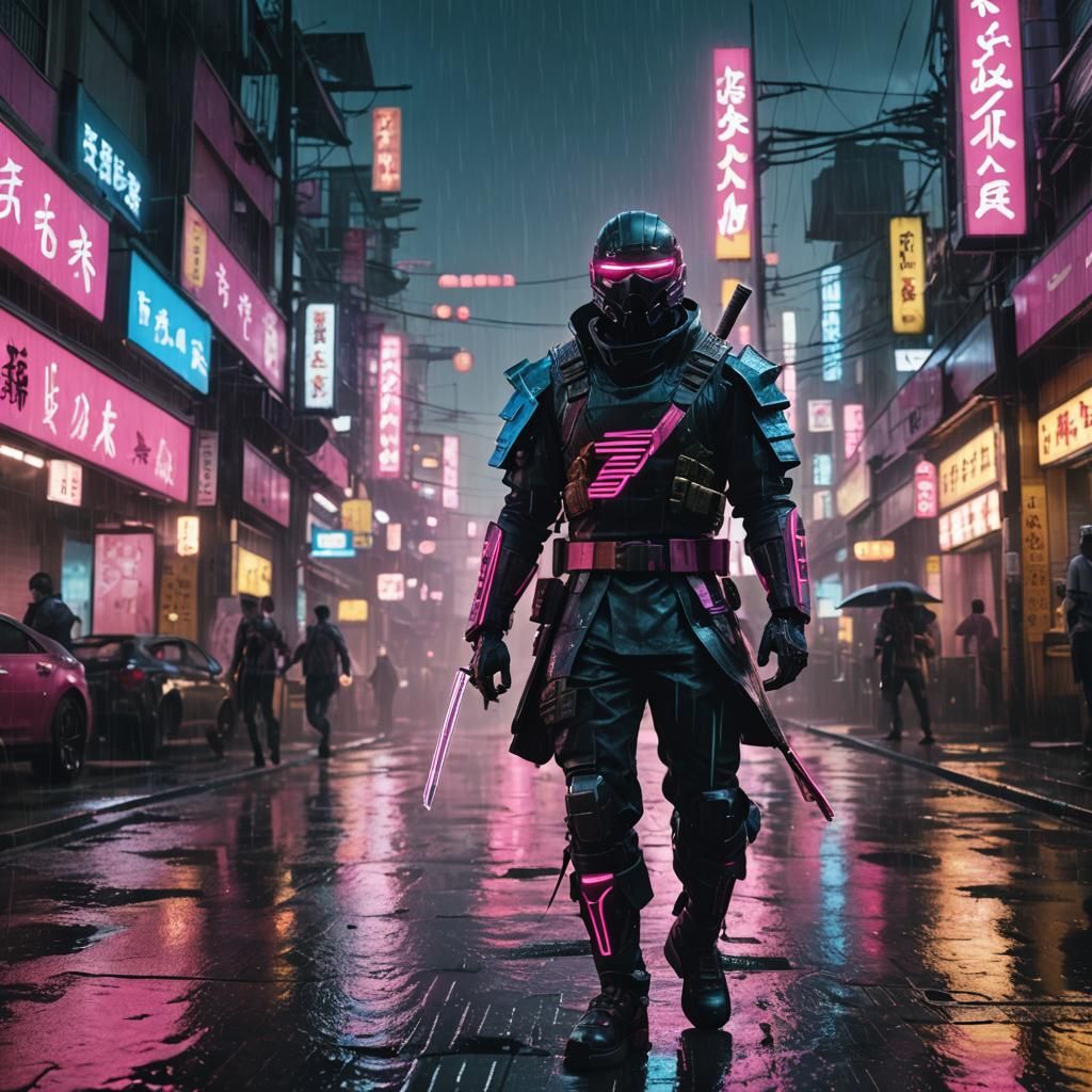Cyberpunk Ninja in Rain-Soaked City