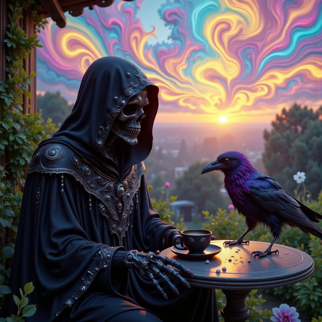 Grim Reaper in Dreamlike Coffee Scene