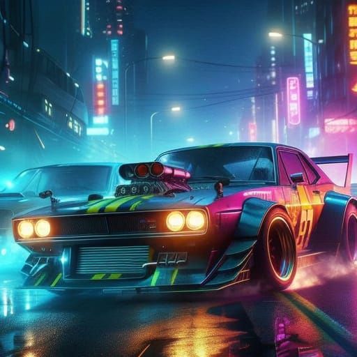 Cyberpunk City Street Racers in Neon Glory