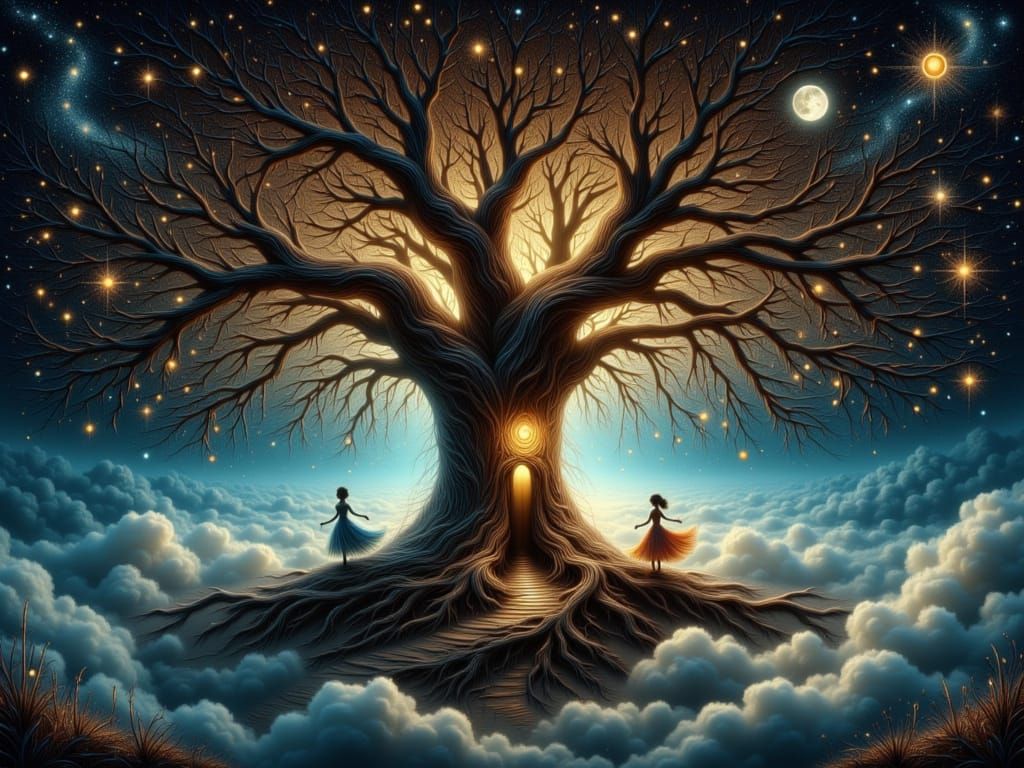 Enchanted Ballroom on Giant Tree Under Moonlight