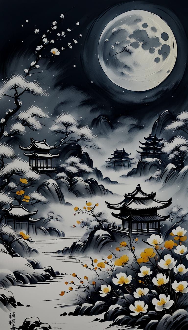 Chinese Ink Painting: Wind, Flowers, Snow, Moon