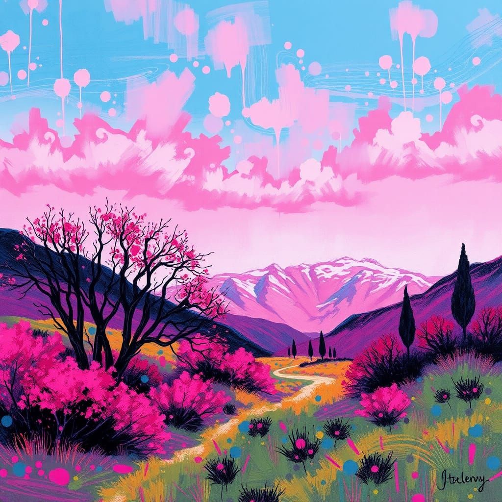 Pink Landscape in Impressionist Graffiti Style