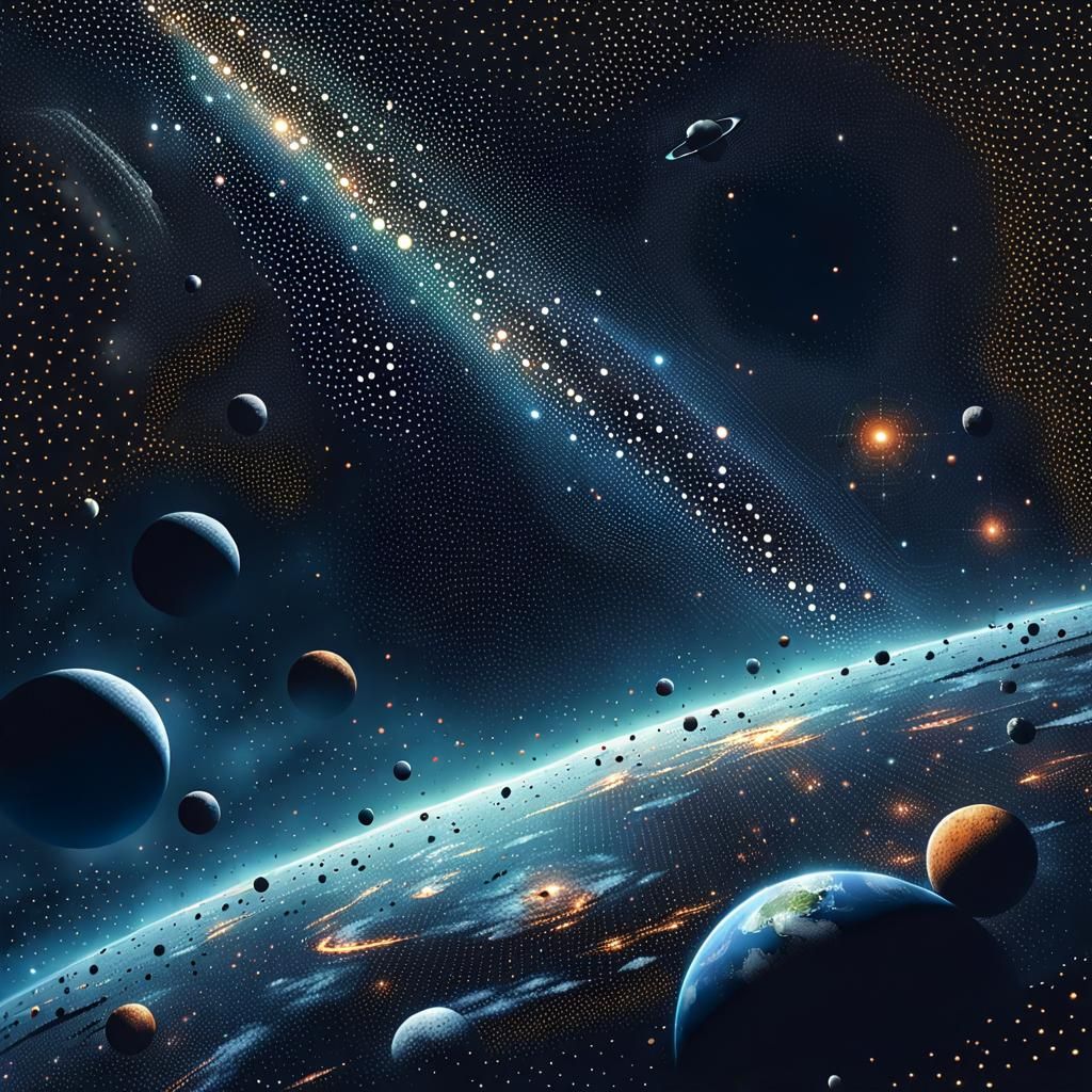 Pointillist Space Scene with Dotted Planets