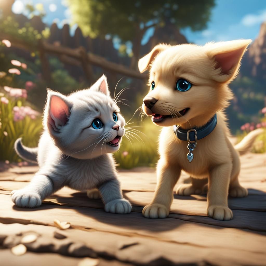 Playful Kitten and Puppy in Detailed Matte Painting