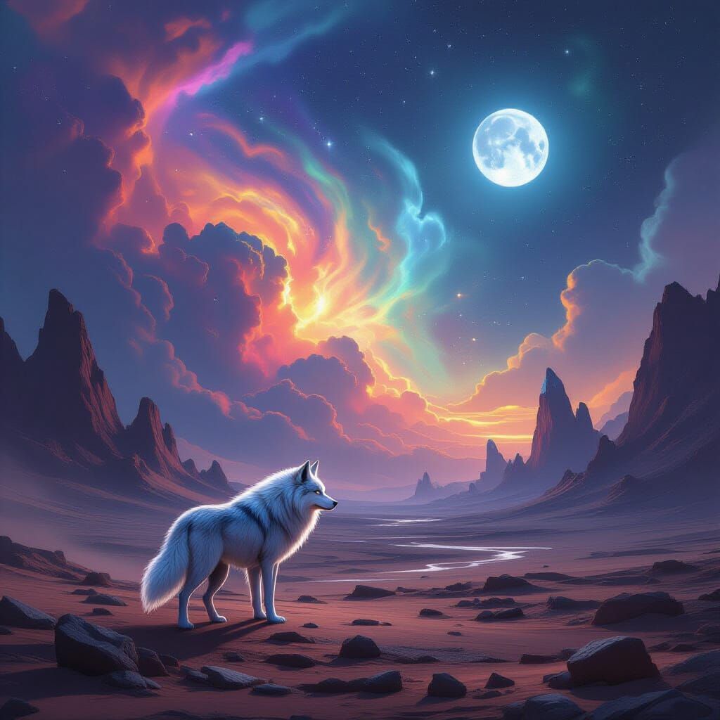Ethereal Wolf on Alien Planet with Nebula Sky