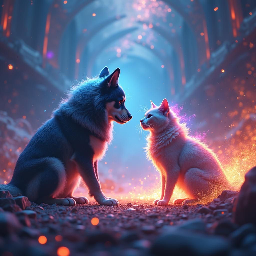 Cosmic Showdown: Dog vs Cat in Fantasy Arena
