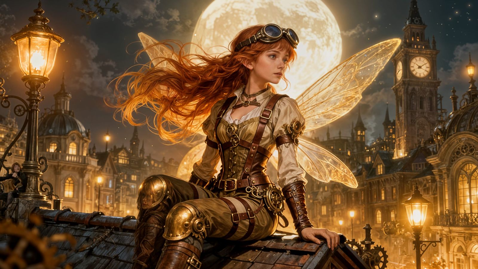 Steampunk Fairy Over Magical Victorian City at Night