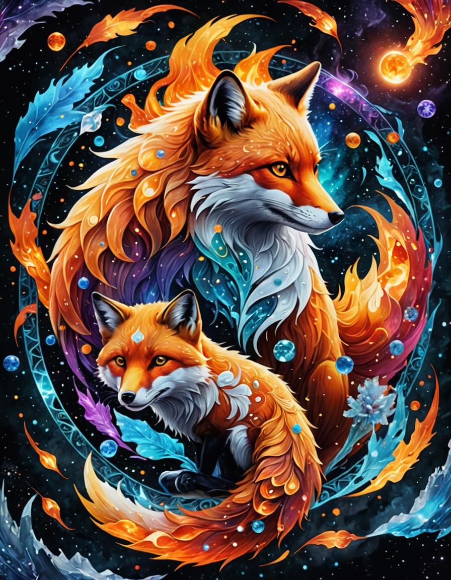Fire and Ice Foxes Create Yin Yang Symbol