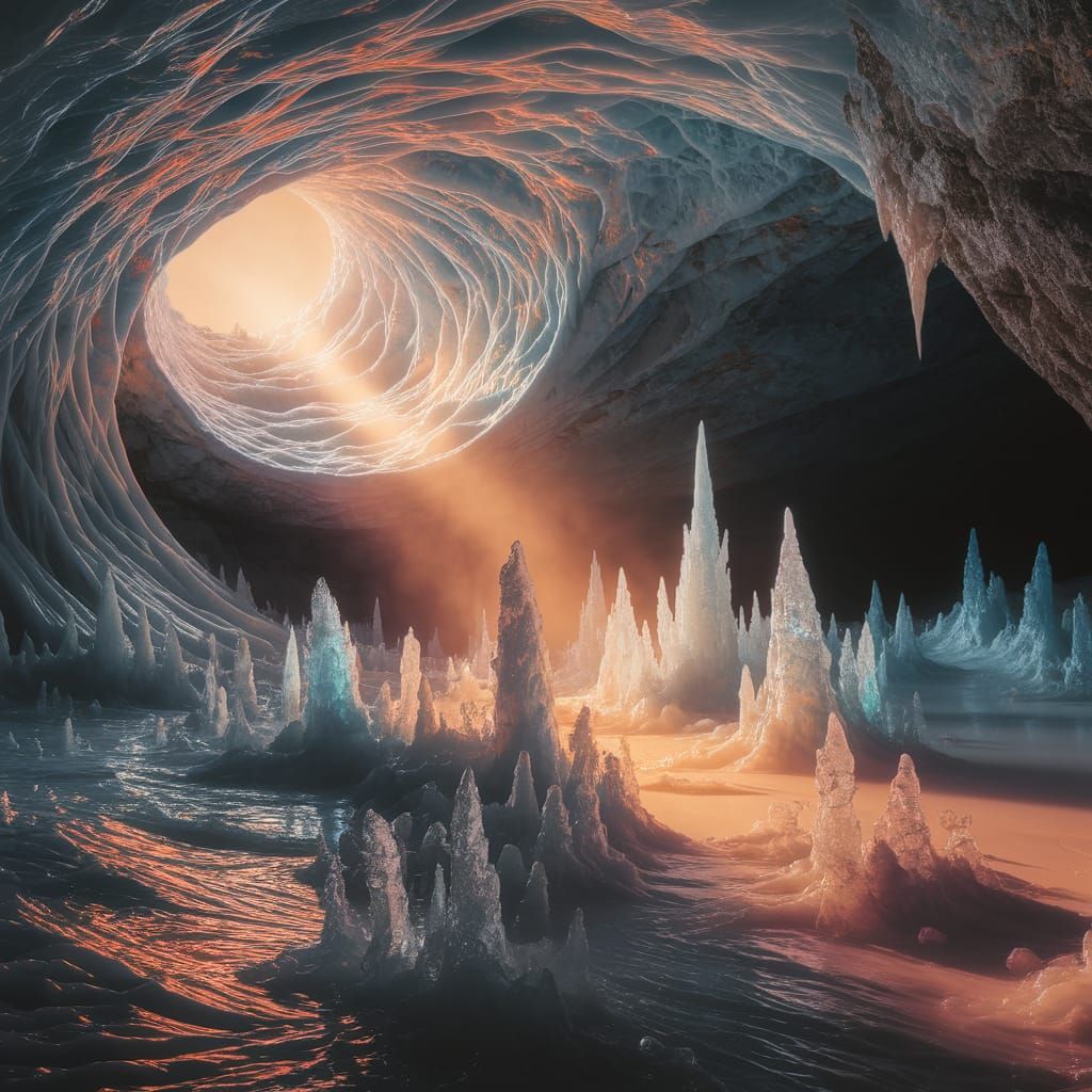 Golden Sunlight Illuminates Majestic Icy Cave